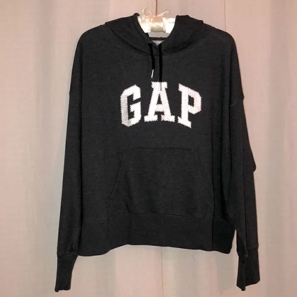 GAP L Slouchy Oversized Charcoal Gray Hoodie with Metallic Jeweled Logo